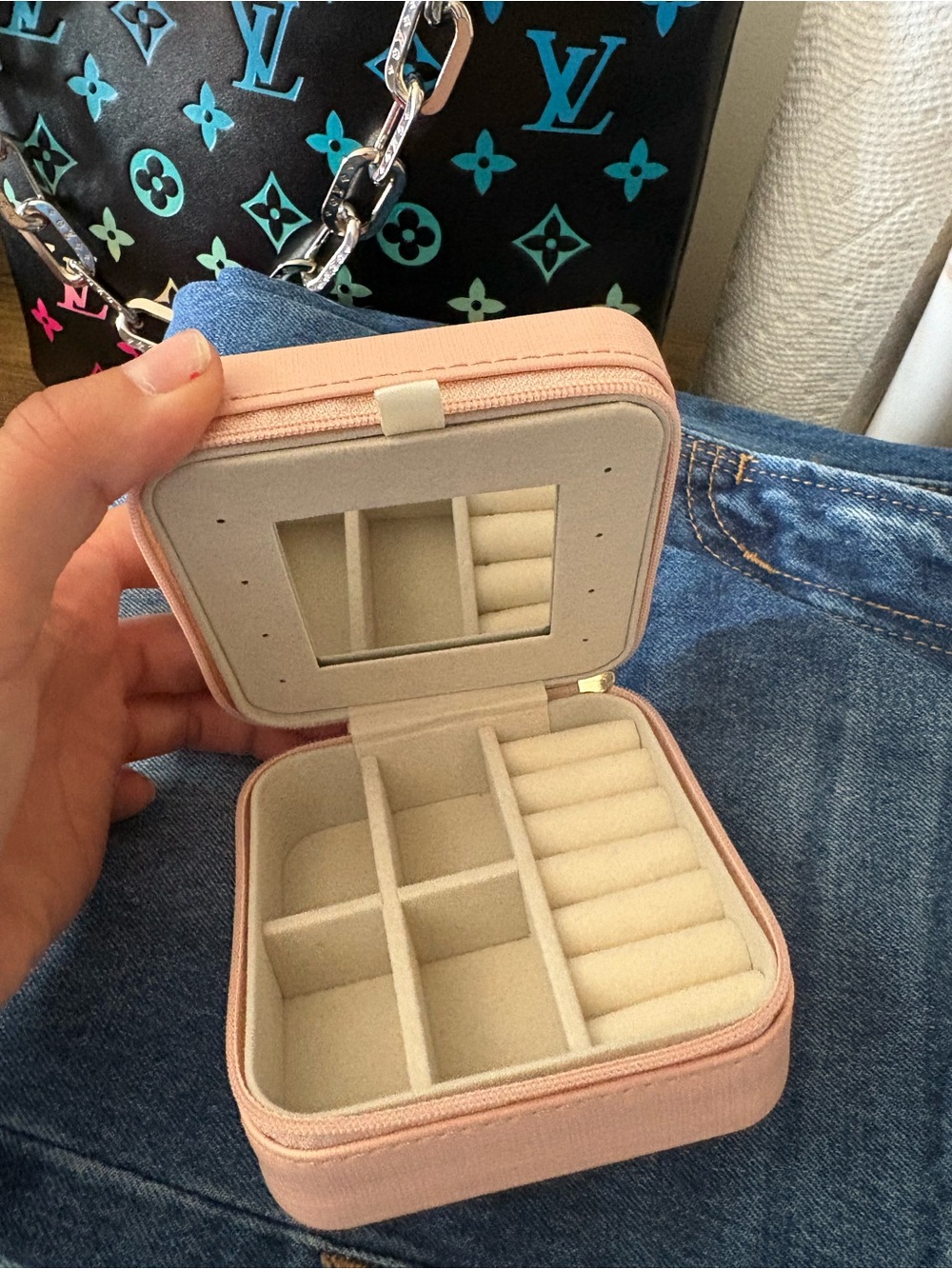 Compact Pink Jewelry Travel Case with Mirror